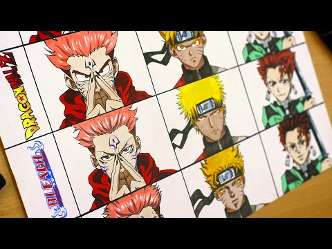 Drawing Sukuna, Naruto and Tanjiro in Dragonball, Bleach and Jojo Bizzare Styles