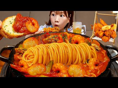 🍝해산물 듬뿍 매콤토마토파스타,모듬튀김,치즈리조또 먹방🥩오징어,전복,관자,바지락 파스타에 치킨,새우튀김😎PASTA MUKBANG ASMR EATINGSHOW REALSOUND 요리
