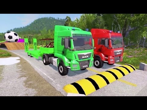 Double Flatbed Trailer Truck Vs Speedbumps Train Vs Cars Beamng.drive In Reverse!  #1