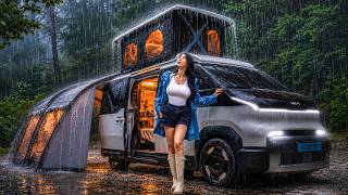 ☔️HEAVY RAIN CAMPING IN A KIA PV5 POP-UP CAMPER VAN