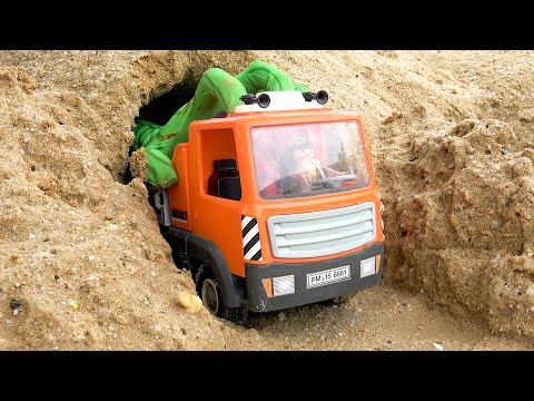 Sand dump truck, excavator in funny cave | collection of rescue tractor police car - part 2