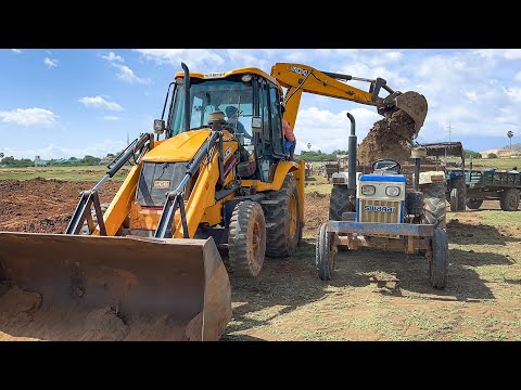 JCB 3DX Backhoe Loading Mud in Sonalika 740 Powertrac Euro50 Swaraj 735FE John Deere 5050D | Jcb