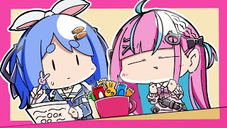 打ち合わせ中のぺこらの隣に来てお菓子をコップに詰めてるあくたん【ホロライブ切り抜き漫画】【兎田ぺこら/湊あくあ/ときのそら/ゼータ/オリー/