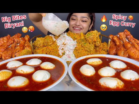 MUTTON NALLI BIRYANI, SPICY EGG CURRY WITH SPICY GRAVY AND SPICY CHICKEN DRUMSTICKS, RAITA | MUKBANG