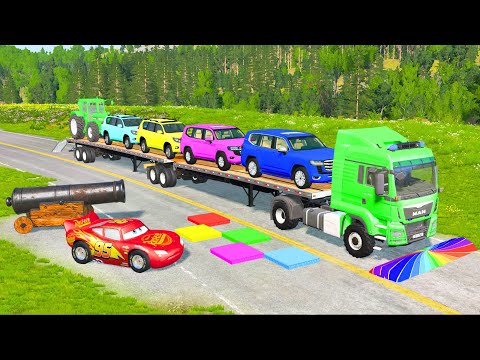 Flatbed Truck McQueen | Transportation with Truck - Pothole vs Car #84 | BeamNG.Drive Gameplay