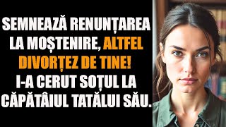 Semnează renunțarea la moștenire, altfel divorțez de tine. i-a cerut soțul la căpătâiul tatălui său.