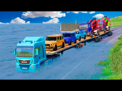 TRANSPORTING PIXAR CARS & FRUITS WITH COLORED & JOHN DEERE vs CLAAS vs TRACTORS - BeamNG.drive #962
