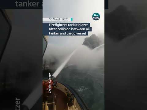 Firefighters tackle blaze in the North Sea following a collision between a tanker and a cargo ship