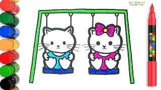How to Draw Two Cute Kittens on Swings | Easy Drawing for Kids