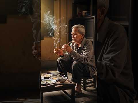 Ông già Việt Nam ngồi hút thuốc lào sau bữa cơm chiều