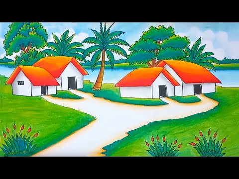 Beautiful Village Scenery Drawing Tutorial Step by Step Easy Village Landscape Drawing for Beginners