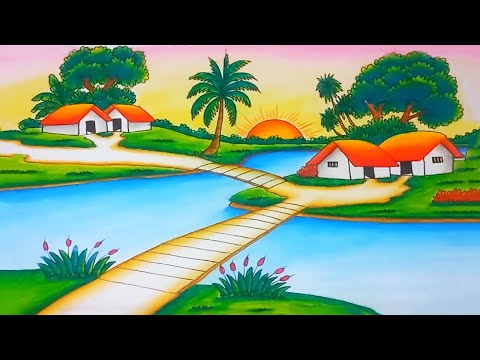 How to Draw Easy Scenery | Village Landscape with Bridge and River | Easy sunset Landscape Painting