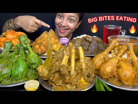 HARIYALI CHICKEN, FISH CURRY, MUTTON CURRY, EGG CURRY, CHICKEN LIVER CURRY WITH RICE 🤤 MUKBANG ASMR🔥