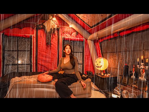 TERRIFYING OVERNIGHT OF CAMPING IN HEAVY RAINㅣHALLOWEEN CAMPㅣRAIN ASMR