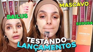 TESTANDO OS ÚLTIMOS LANÇAMENTOS DE MAKE | Corretivo Mascavo, gloss choco cherry, base cover fix…