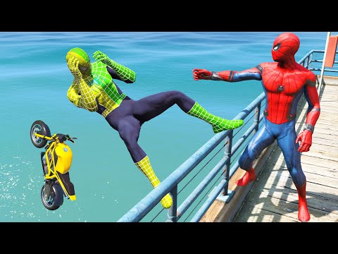 GTA 5 Ragdolls Spiderman VS Green Yellow Spiderman Jumps/Fails (Euphoria Physics)