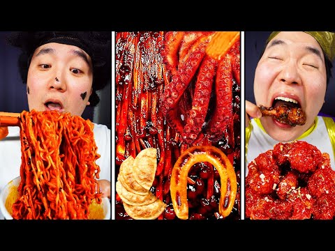 ASMR MUKBANG| Fire spicy Black bean Enoki mushrooms, Kielbasa Sausage, Seasoned Chicken,  Noodles