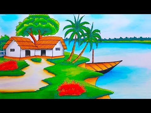 How to draw easy scenery drawing | Riverside village landscape scenery drawing easy with color