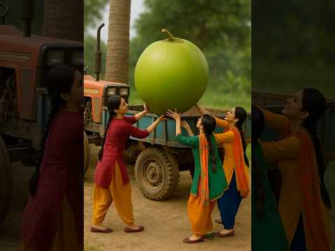 Tiny girls are handling a giant green coconut #miniaturefood #miniaturecooking #aivideo #ai