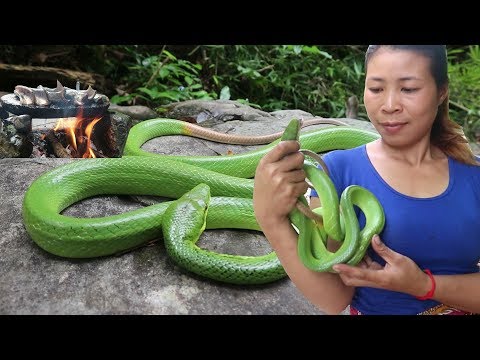 Find and meet green snake for food in the jungle - Cooking snake recipe eat delicious #71