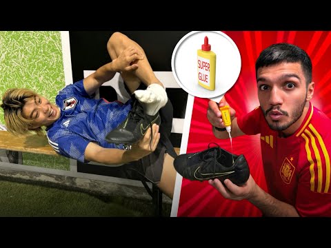 Khaled applies glue to my football shoes