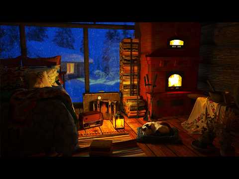 Relaxing Fireplace Sounds - Crackling Firewood and Snow in a Cozy Winter Cabin