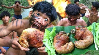 Survival in the rainforest - Roast Pig Leg Recipe & Cooking Mastery by Primitive Boy