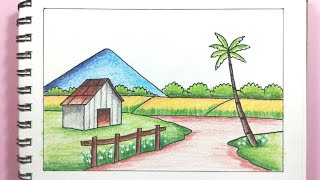 Menggambar pemandangan sawah, rumah dan Gunung - How to draw scenery step by step 