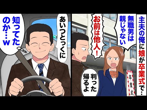 【漫画】会社が倒産し俺が専業主夫になった途端、娘が冷たくなり…遂に娘の卒業式で「無職男なんて他人同然！他人は帰れ！」俺「判ったよ…」→即帰宅し生活費も学費も止めて、家出した結果…【マンガ動画】