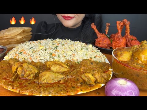 CHICKEN FRIEDRICE,SPICY CHICKEN CURRY,CHICKEN LOLLIPOP,PURI *ASMR EATING *