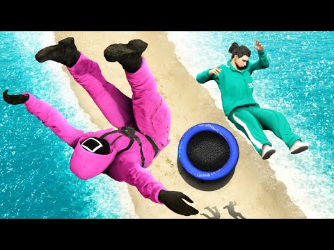 GTA 5 Squid Game Team Crazy Trampoline Ragdolling and Jumps!