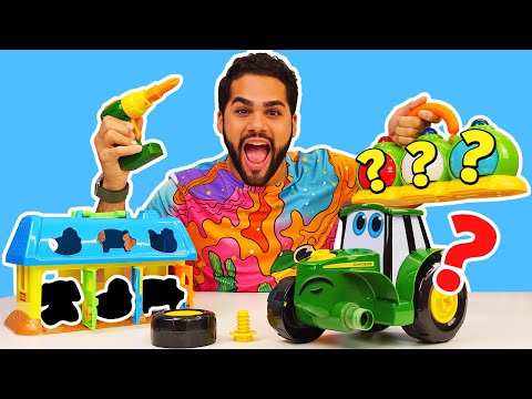 Bora fazer piscina de bolinhas com o Trator John Deere e adivinhar veículos na garagem! 🟢🔵🟣🚜