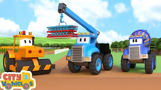 Construction vehicles clears roadblocks.--Excavator, bulldozer; dump truck and crane truck for Kids.