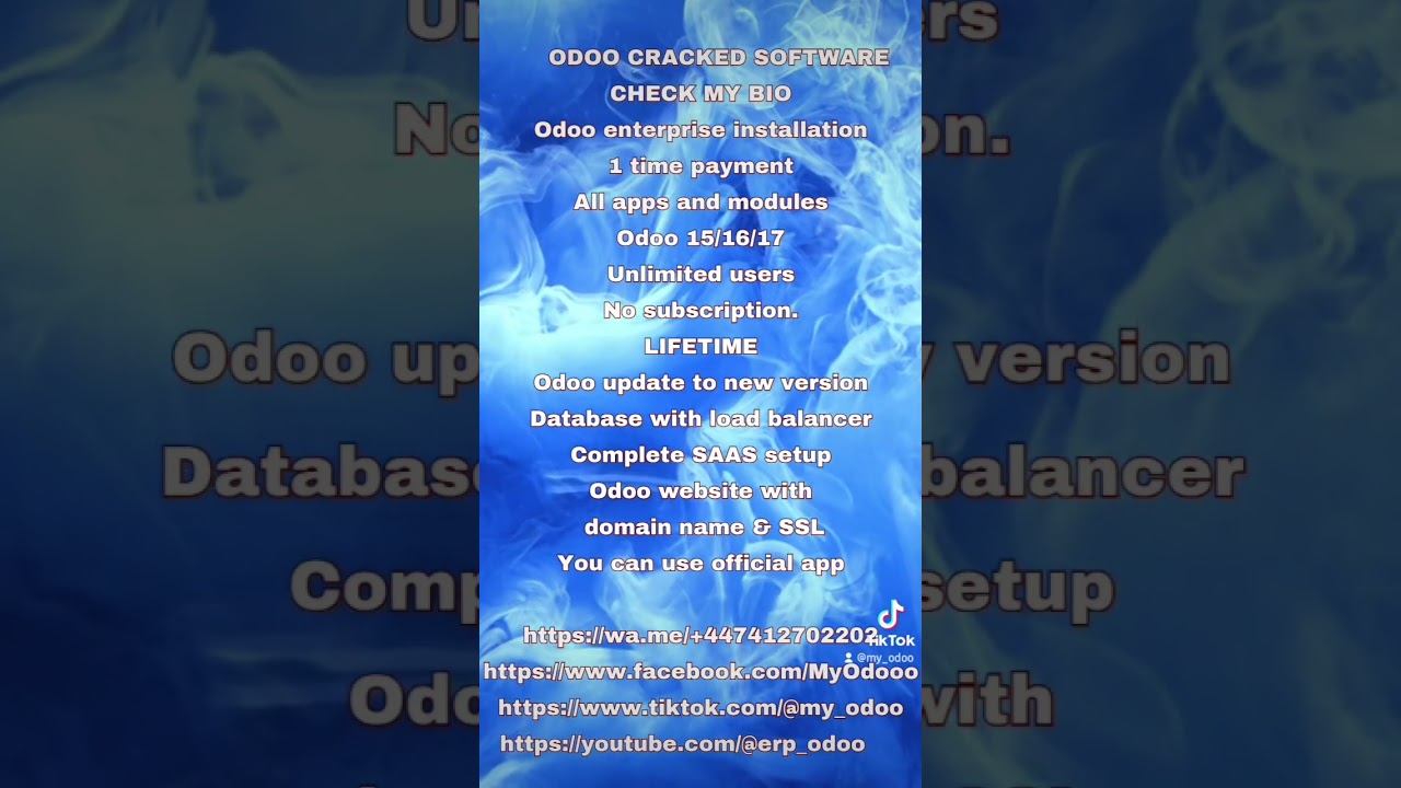 Odoo software cracked | 24.02.2024

Odoo enterprise installation 1 time payment All apps and modules Odoo 15/16/17 No user limit No subscription. LIFETIME Odoo ...