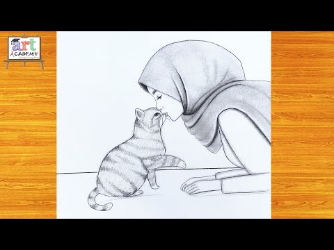 رسم بنيه | تعليم رسم بنت محجبة مع قطة بالرصاص للمبتدئين بسهولة | رسم بنات #رسم #1