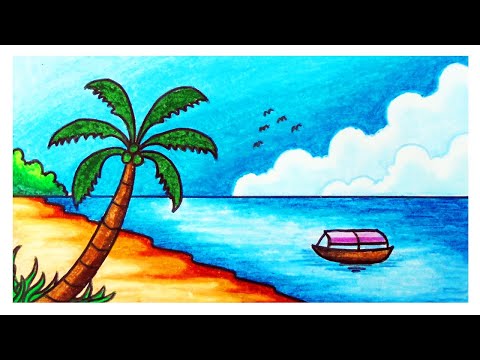 Scenery Drawing | How Draw Easy Beach Scenery With Oil Pastels