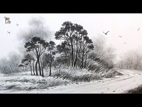 How to draw Easy Landscape Art with Pencil || Trees Pencil Shading