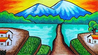 Easy Scenery Drawing | How To Draw Mountain and Lake Scenery at Sunset With Oil Pastels