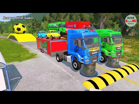 Double Flatbed Trailer Truck vs speed bumps|Busses vs speed bumps|Beamng Drive|945