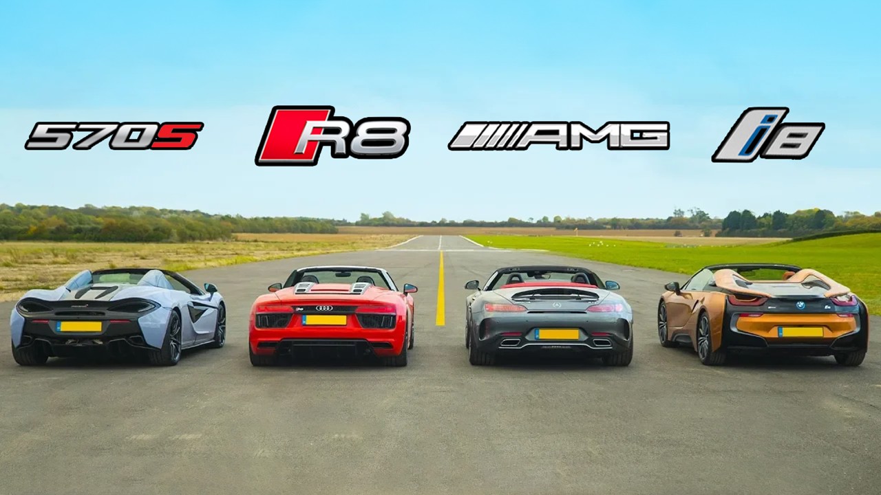 AMG GT C vs Audi R8 vs McLaren 570S vs BMW i8 - Roadsters ROOF, DRAG and ROLLING RACE!