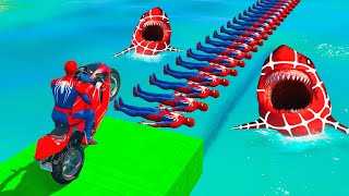 الأبطال الخارقين على القضبان دوامة قمع جسر 🚴‍♂️ SPIDER MAN!on Motorcycle in Spiral Bridge Stunt Ri