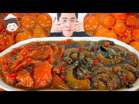 ทะเลดองซีอิ๊ว 2 กิโล แซลมอนดอง กุ้งดอง ไข่ดองซีอิ๊ว ผักเครื่องเคียง ข้าวสวยร้อน ๆ | ดมข้าว