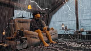 Camping in Heavy Rain with My Dog . 2-Room Luxury Inflatable Tent . Thunder & Lightening ASMR