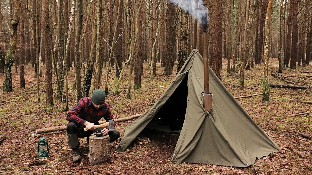 Winter Hot Tenting Alone in the Forest with a Canvas Tent and a Woodstove