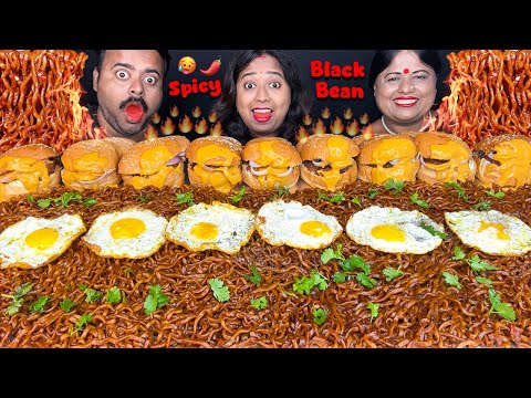 SPICY BLACK BEAN NOODLES & CHEESIEST BURGERS EATING CHALLENGE | SAMYANG NOODLES MUKBANG Bigbites