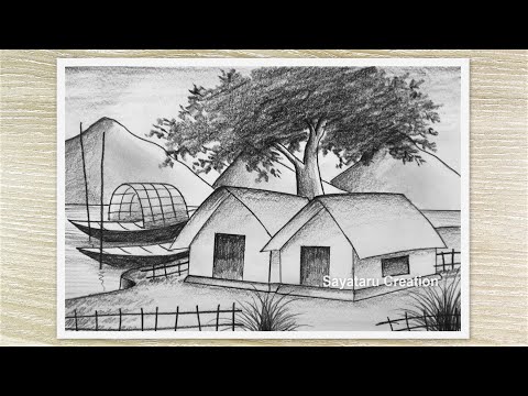 How to draw village landscape with pencil, Pencil Drawing for Beginners