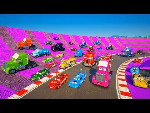 Trucks vs Cars - Race Disney Pixar Crazy Cars - McQueen Truck Mack The King Miss Fritter & Friends