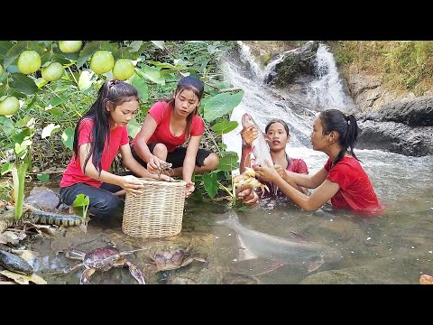 Catch fish in waterfall for survival food, Natural guava fruit and crab for food, Duck curry tasty