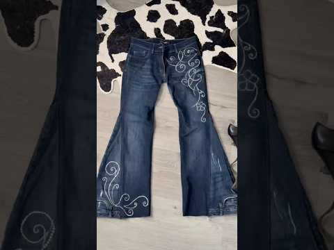 Turn 2 skinny jeans to 2000s low rise rhinestone flares tutorial #sewing #thriftflip #diy #upcycling