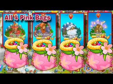 All 4 Pink Bags On Tradeville,Oldest Bank,Mountain Pass,Tranquil Valley|Family Island Pink Bag